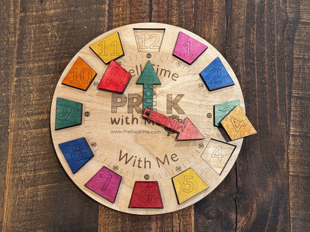 Handcrafted Teaching Toy Clock, perfect for Pre K and Preschool. Merges Pre Math and a Number Puzzle to build fundamental skills. Reinforces counting 1-10, shape recognition, and fine motor skills with color-coded numbers and shapes and makes learning math fun.